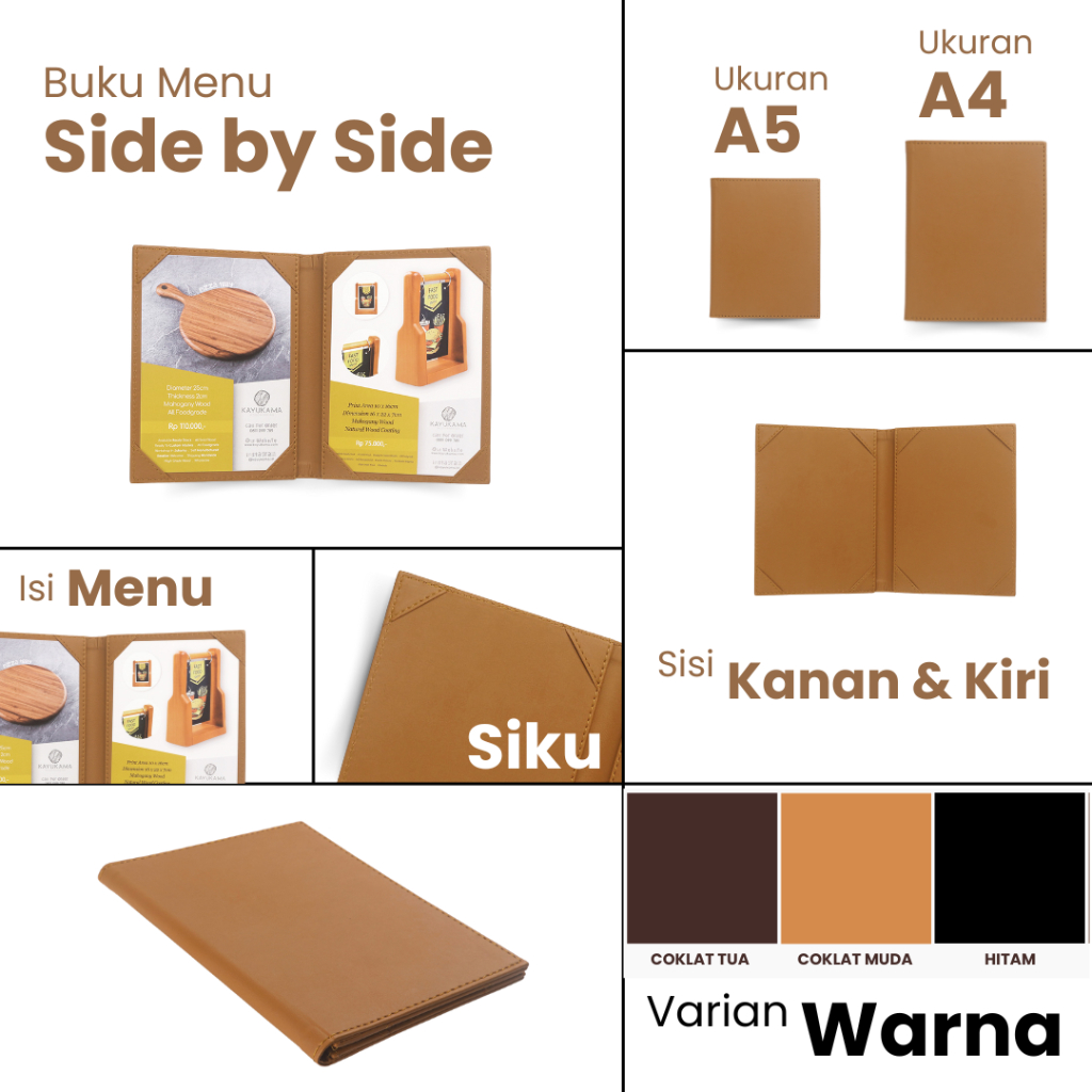 

Buku Menu Jakarta - Buku Menu Kulit Varian Cafe Series Side By Side (2 sisi) A4 dan A5 Coklat Muda,