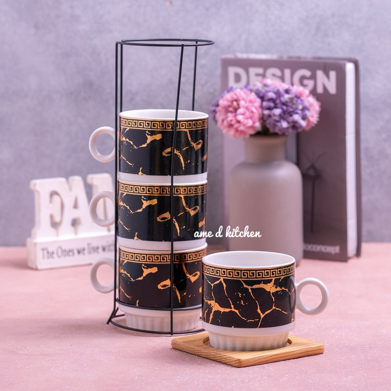 Mug tower keramik marble black susun 4 + rak hitam