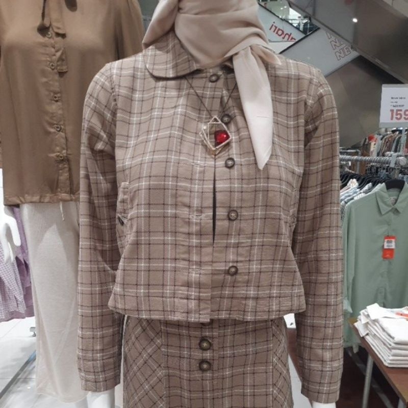 One set atasan kemeja blazer crop kotak2 garis2 coklat up to 2xl MATAHARI