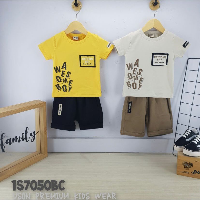 [BISA COD] 7050 (DISKON SIZE S) SETELAN KAOS ANAK COWOK USON CELANA PENDEK (KHAKI - KUNING)