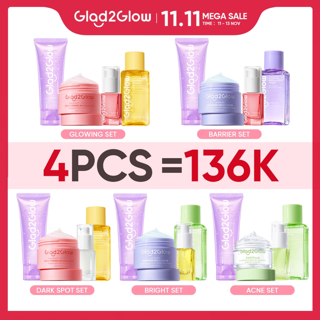 Glad2Glow 4pcs  Bundle 4in1 Paket Skincare Moisturizer Serum Face Wash-ACNE KIT GLOWING KIT Dark Spo