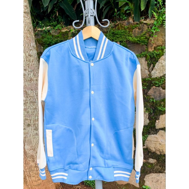 jaket baseball biru muda lengan crem