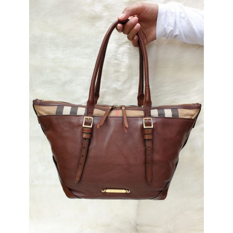 Tas Burberry Totebag Shoulder Bag Coklat Kulit Asli Mix Kanvas