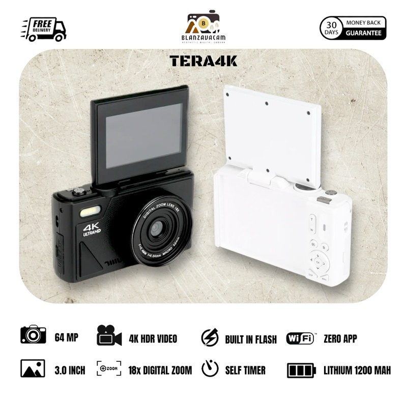 BLANZAVA CAM TERA4K 4K Digital Camera Original Kamera 64MP Flip Screen 18X Digital Zoom WiFi Support
