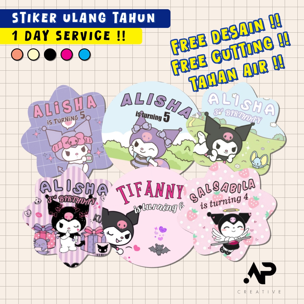 

ANTI AIR Stiker Ulang Tahun KUROMI EDITION Stiker Label Ultah Anak CUSTOM NAMA Free Desain