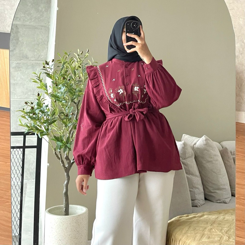 HANAKO 347 | Blouse Rempel Motif Salur | Free Belt