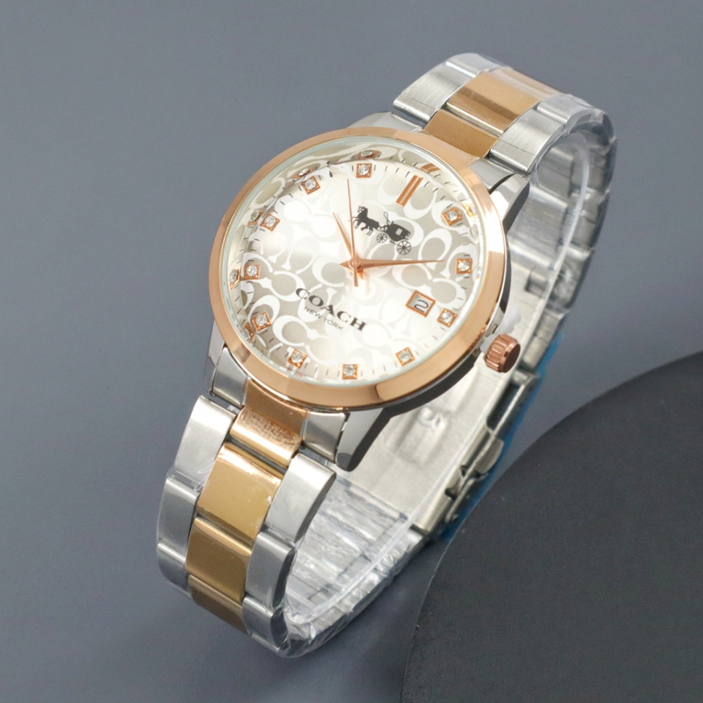 BISA COD JAM TANGAN WANITA COACH NEW YORK PW-7679 STAINLESS STEEL TANGGAL AKTIF FREE BOX