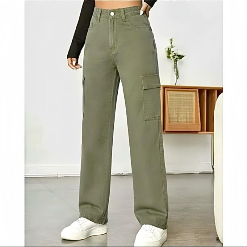 HIGHAWIST CARGO // Jeans Cargo Loose Cream wanita jumbo 35-42