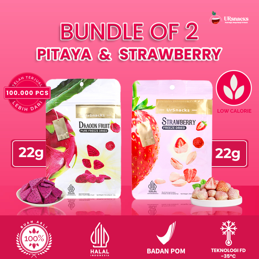 

URSNACKS Bundle Of 2 [LIVE] - Freeze Dried Keripik Sehat Strawberry + Buah Naga - Snack Keripik Buah Asli Halal BPOM