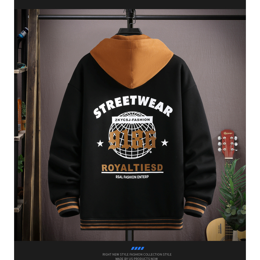 Streetwear Jaket Baseball Zipper Hoodie Pria