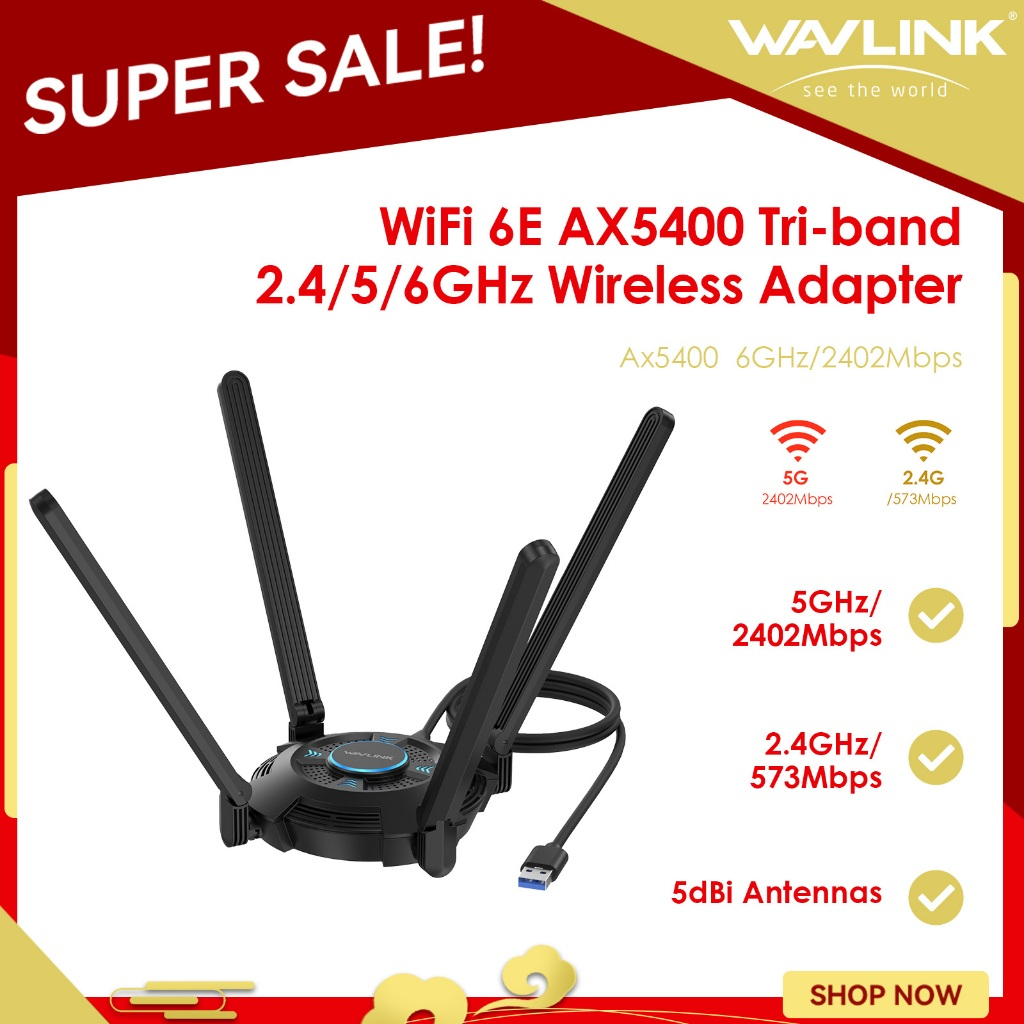 WAVLINK USB WiFi Adapter for PC, AX5400 Tri-band 2.4/5/6GHz Wireless Network Adapter with 4 High Gai