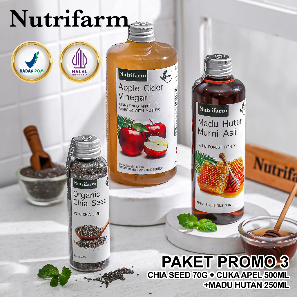 

PAKET PROMO 3 NUTRIFARM 3IN1 CUKA APEL MADU HUTAN CHIA SEED ORIGINAL/ CUKA APEL 500 ML MADU HUTAN 250 ML CHIA SEED 70 GRAM