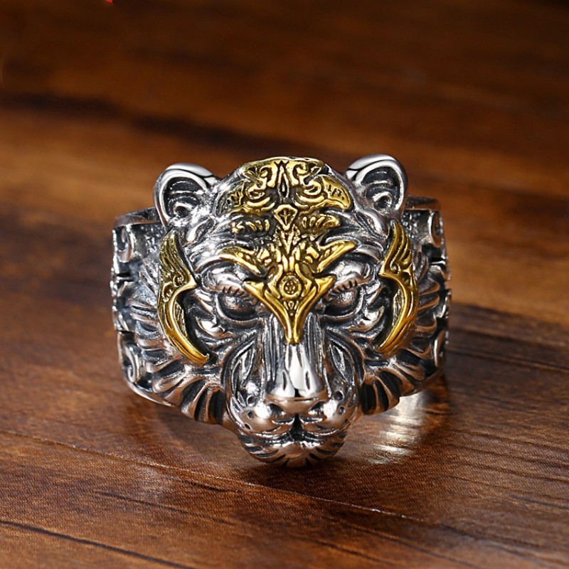 Cincin Pria Kepala Macan Gaya Retro Ukuran Bisa Disesuaikan / Cincin Harimau Silver Gold /  Adjustab
