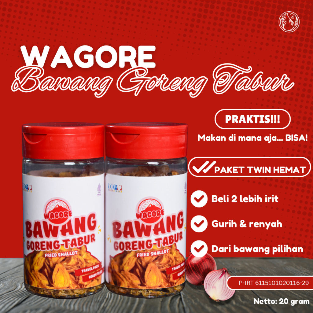 

Bawang Goreng WAGORE tanpa tepung terigu/beras travel pack. Paket Twin Hemat. Anti anyep dan pahit.