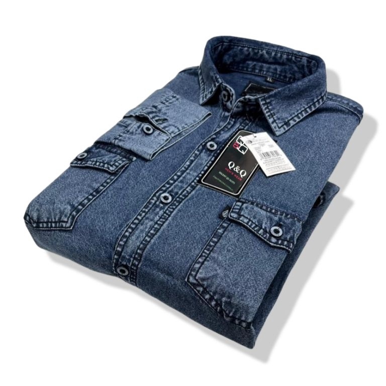 KODE O3G Kemeja Jeans Pria Lengan Panjang Kasual Biru Denim M L XL