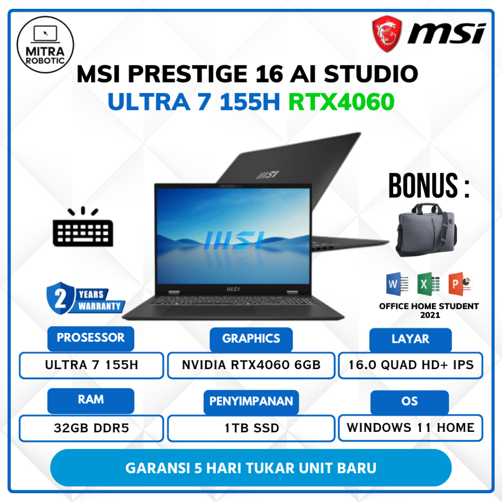 MSI Prestige 16 AI Studio Ultra 7 155H RTX4050 32GB 1TB Windows 11 + OHS 16.0QHD+
