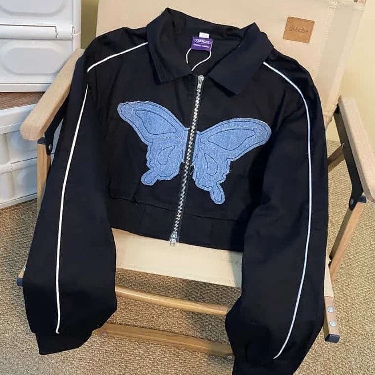 Butterfly Crop Jaket Wanita Kekinian Korean Style Jacket Fashion Outfit Ootd Cewek Remaja