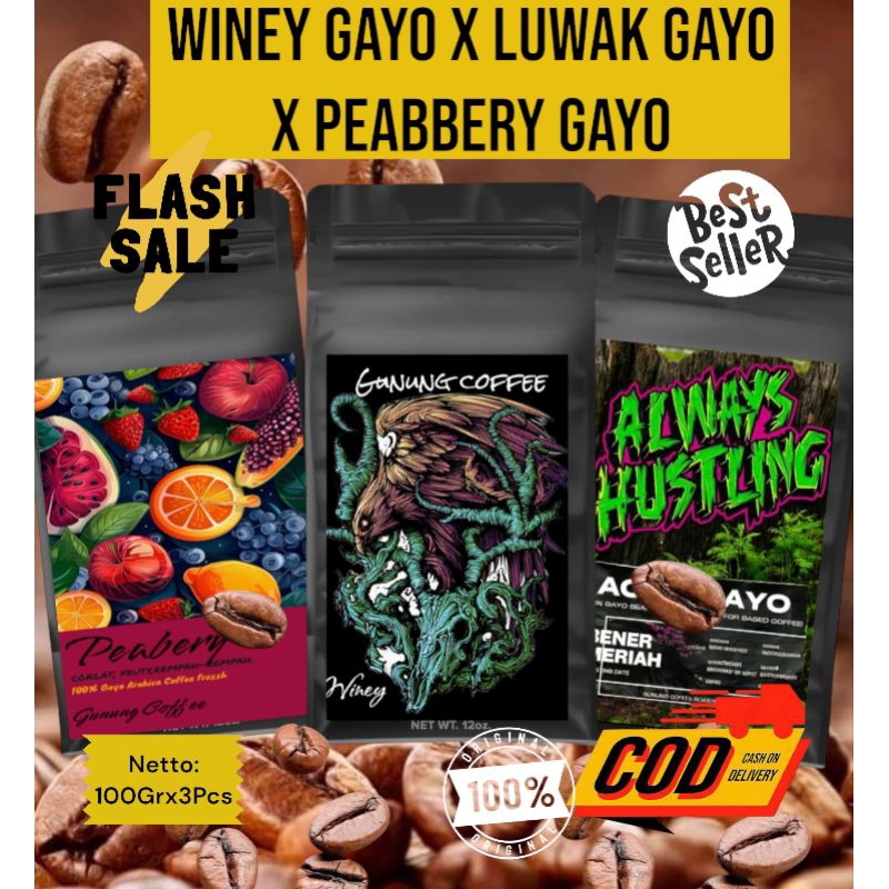 

BUBUK KOPI WINEY VINTAGE GAYO/LUWAK LIAR GAYO/PEABERRY FRUITY BY. GUNUNG COFFEE 3PCSX100GRAM-BUBUK KOPI