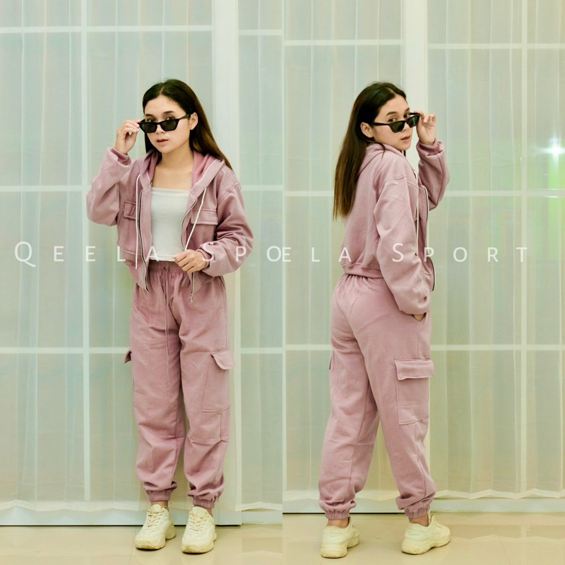 Setelan Crop One Set Wanita Hoodie Zipper X Jogger Cargo Sweatpants Oneset Ootd Korean Style Viral