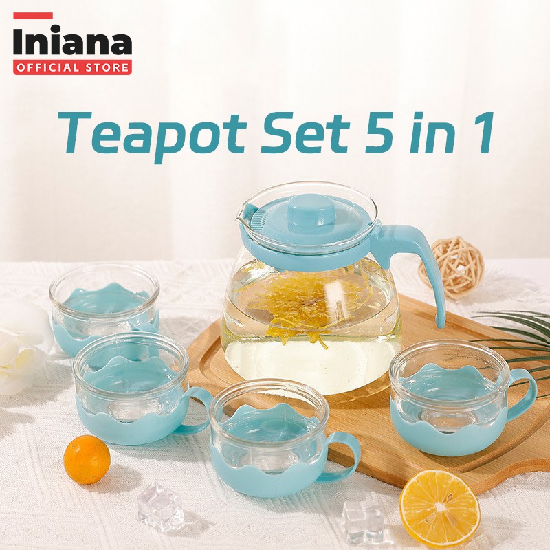 Iniana Officle Shop - Tea Pot Set 5 in 1 Tempat Minum Teh Teko Set Cangkir Kaca Teapot gelas Biru Pi