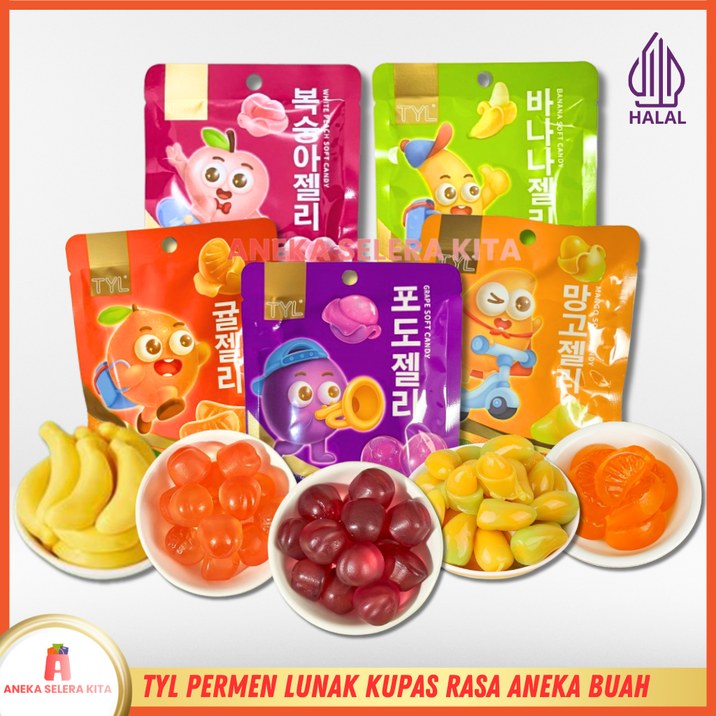 

TYL Permen Lunak Kupas Aneka Rasa Buah / Baopi Gummy Soft Candy (Grape/Mango/Peach/Banana)