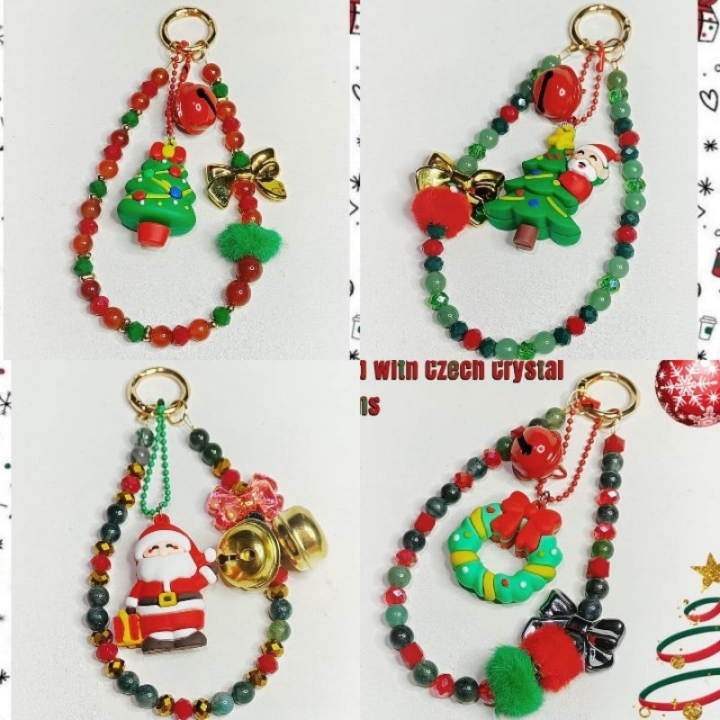 CUSTOM PHONE STRAP CRYSTAL STONE ASLI BATU ALAM NATURAL POHON NATAL CHRISTMAS TREE SANTA CLAUS HIASA