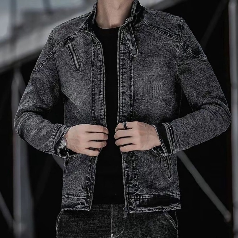 KODE I19B Jaket Jeans Distro Keren PriaCowo Hitam Panjang Jacket Jeans Casual Resleting