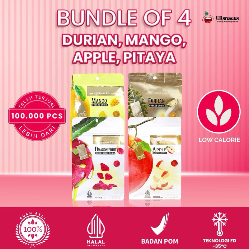 

URSNACKS Bundle Of 4 [LIVE] - Freeze Dried Keripik Sehat Durian 32gr + Mango 32gr + Apple 22gr + Dragon Fruit 22gr - Snack Keripik Buah Asli Halal BPOM