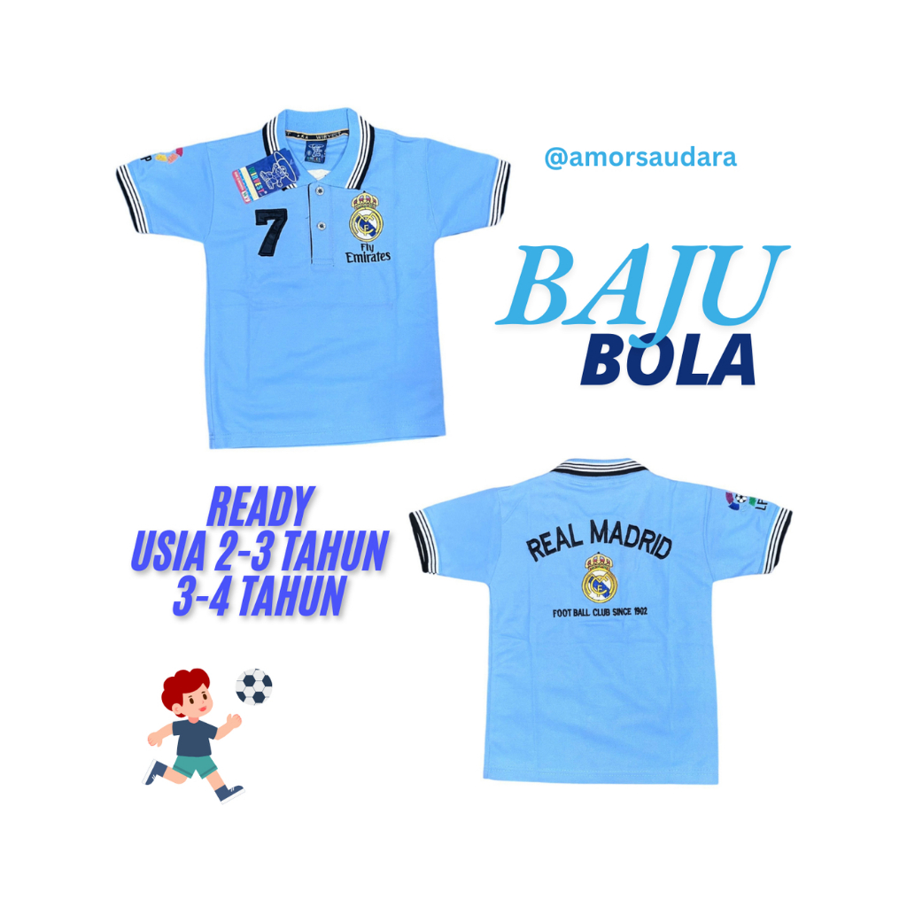 BAJU ANAK MOTIF BOLA/BAJU KERAH ANAK/BAJU ANAK MOTIF BOLA REAL MADRID/ATASAN MOTIF BOLA REAL MADRID