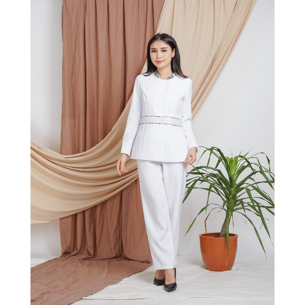 Seragam Perawat Suster Putih Set Celana Putih Blazer Wanita Apotek Pemda PNS Stelan Celana - 7007 Pu