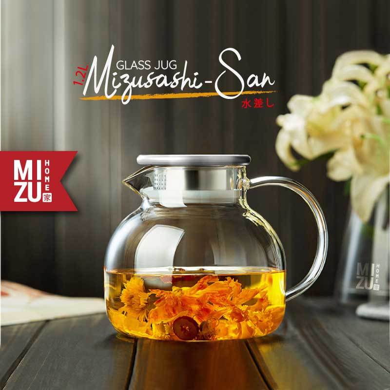 MIZU MIZUSASHI-SAN 1.2L Glass Jug Teko Kaca Borosilikat Teko Air Minum Teko Teh Teko Kopi Teko  Mini