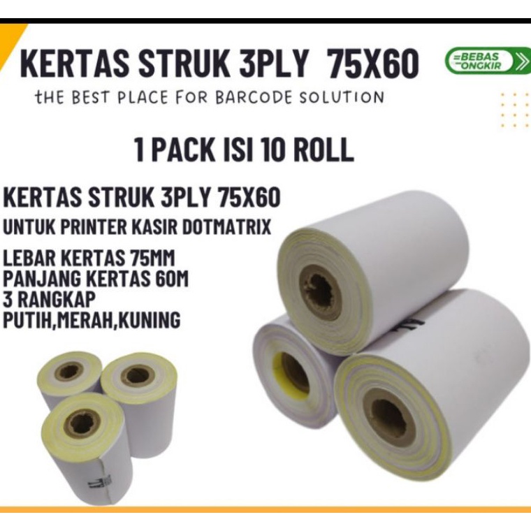 

First Quality Kertas kasir 3ply 75x6mm paket 1 Roll untuk mesin printer Dotmatrik