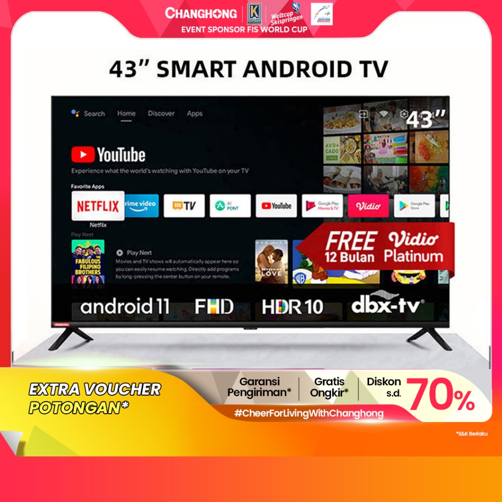 Changhong 43 Inch Newest Android 11 Frameless Smart TV Digital LED TV FHD -Netflix-Youtube-Google Pl