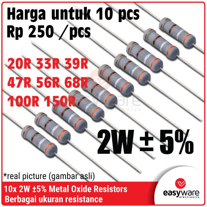 10x Resistor 2W 5% 20R 33R 39R 47R 56R 68R 100R 150R 100 Ohm Metal Oxide Film Resistor 2 Watt