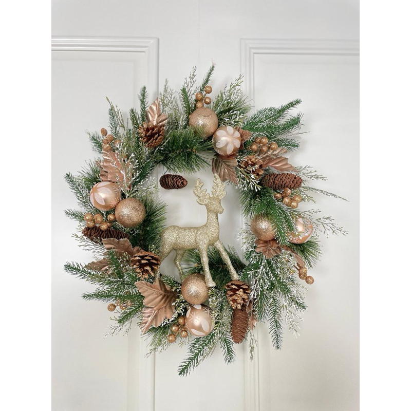 Krans Natal Premium Jarum Pinus 50cm Bola Rusa Gold / Dekorasi Natal / Pajangan Natal