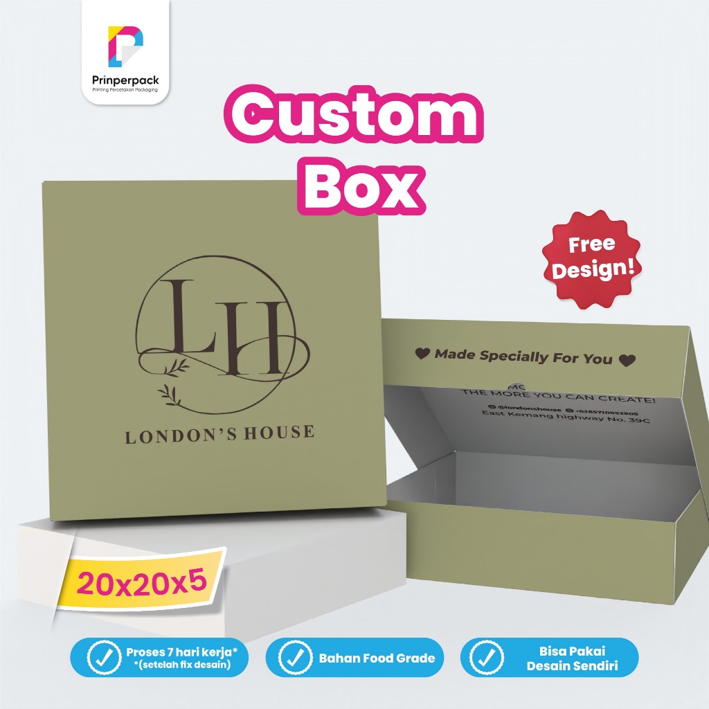 

Kemasan kue custom ukuran 20x20x5 cm / Kemasan cetak logo sendiri / box kue tart pakai logo sendiri / dus kue custom cetak / branding kemasan kue kotak / Bakery box custom / dus kotak pakai logo sendiri/ brownies box custom/packging custom / packging cake