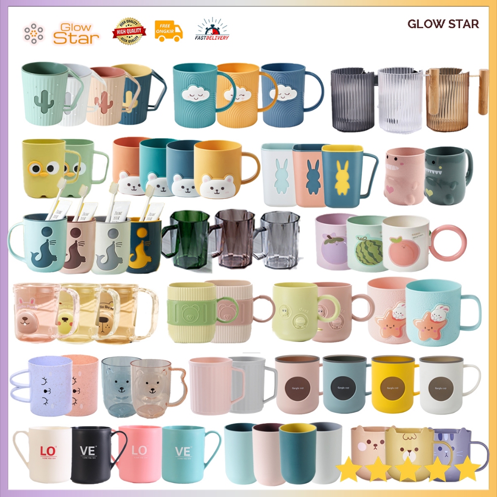 GMK Gelas minum sikat gigi plastik anak cangkir kumur kumuran 300 ml pink biru putih abu air estetik