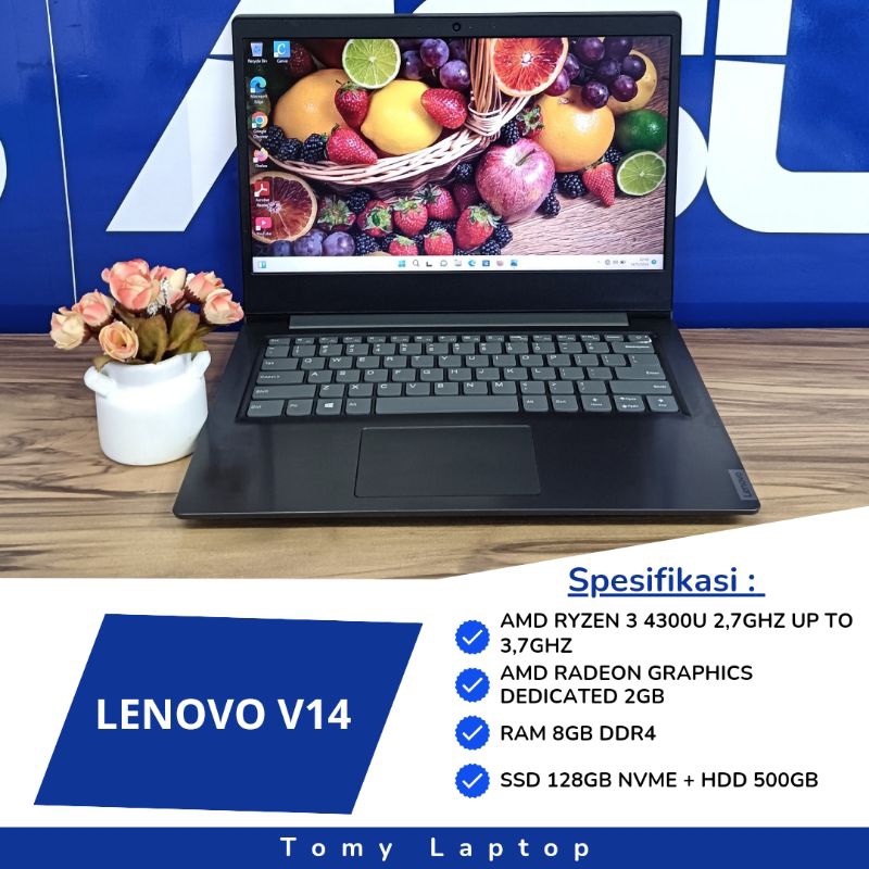 LAPTOP BEKAS LENOVO V14/ AMD RYZEN 3-4300U/ RAM 8GB DDR4/ SSD 128GB NVME + HDD 500GB/ 14INCH FHD 192