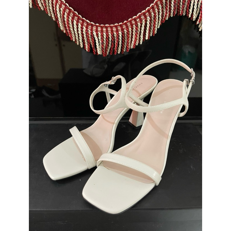 PRELOVED Second JUAL Heels Sendal Charles & Keith Square Toe Trapeze Heel Sandals - Chalk