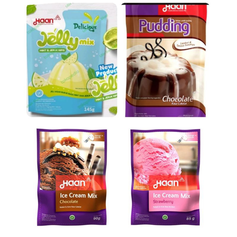 

{DISKON 50%} HAAN Ice Cream & puding Mix Bubuk stawbery , jeruk nipis ,Cokelat [90 g]