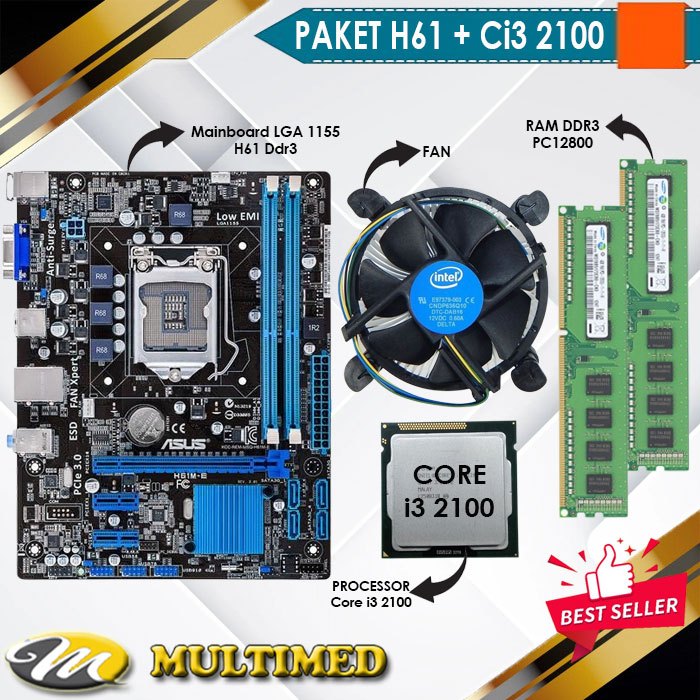 Paketan Mainboard Intel H61 LGA 1155 DDR3 + Core i3 2100 + FAN + RAM 4GB