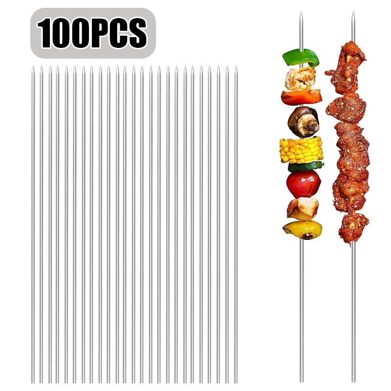 100pcs Tusuk Sate Stainless Alat Tusuk Sate 33cm Tusuk Sate Besi Stenlis Untuk Daging Sate Steak Bar