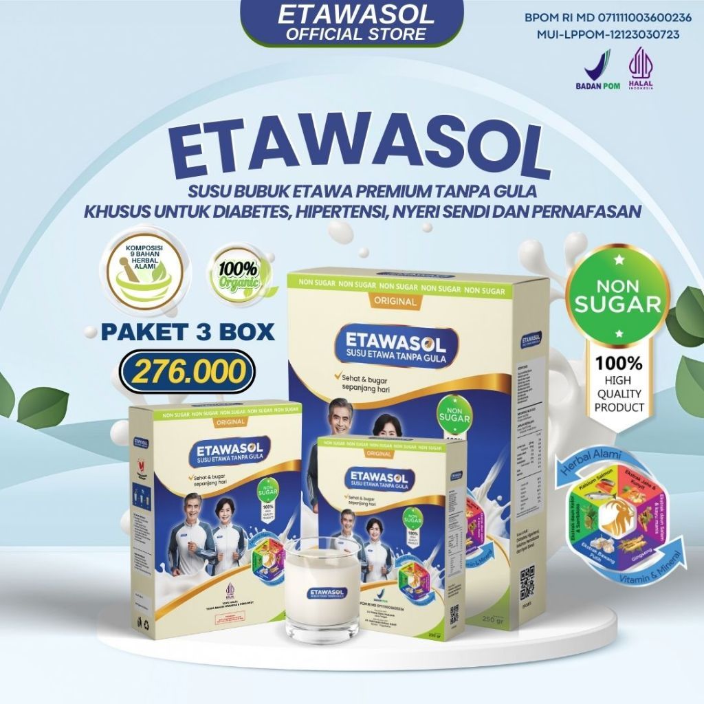 

Etawasol Susu Kambing Etawa Tanpa Gula Untuk Diabetes dan Darah Tinggi Kemasan 250gr Paket 3 Box