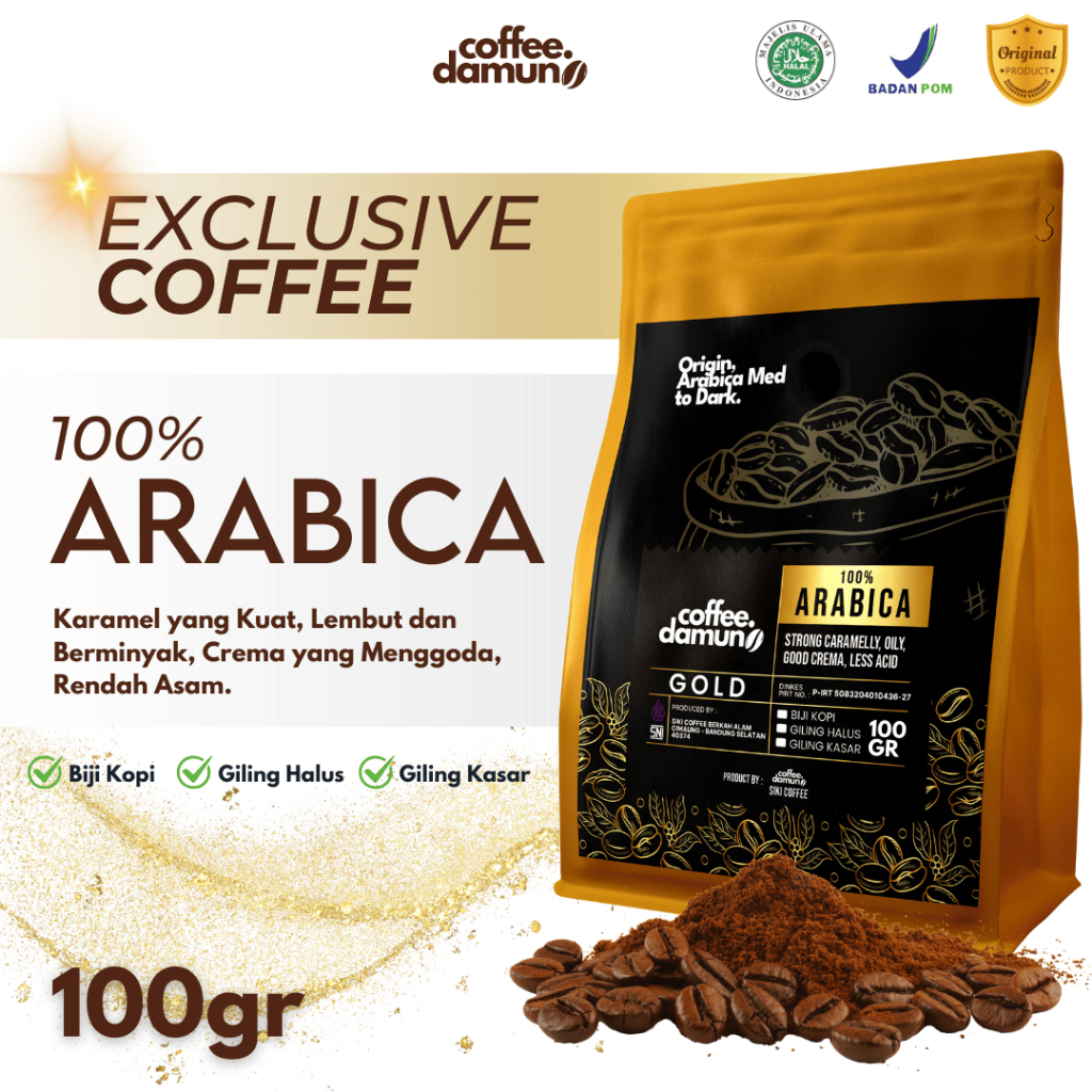 

Exlusive Series Biji Kopi giling Halus Kasar 100% GOLD Arabika Espresso Coffee Beans 100gr