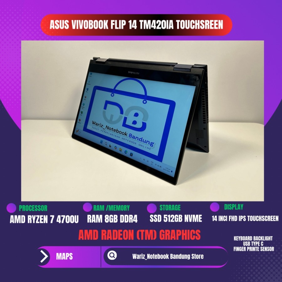 ASUS VIVOBOOK FLIP 14 TM420IA RYZEN 7 4700U RAM 8GB SSD 512GB 14inci FHD IPS TOUCHSCREEN