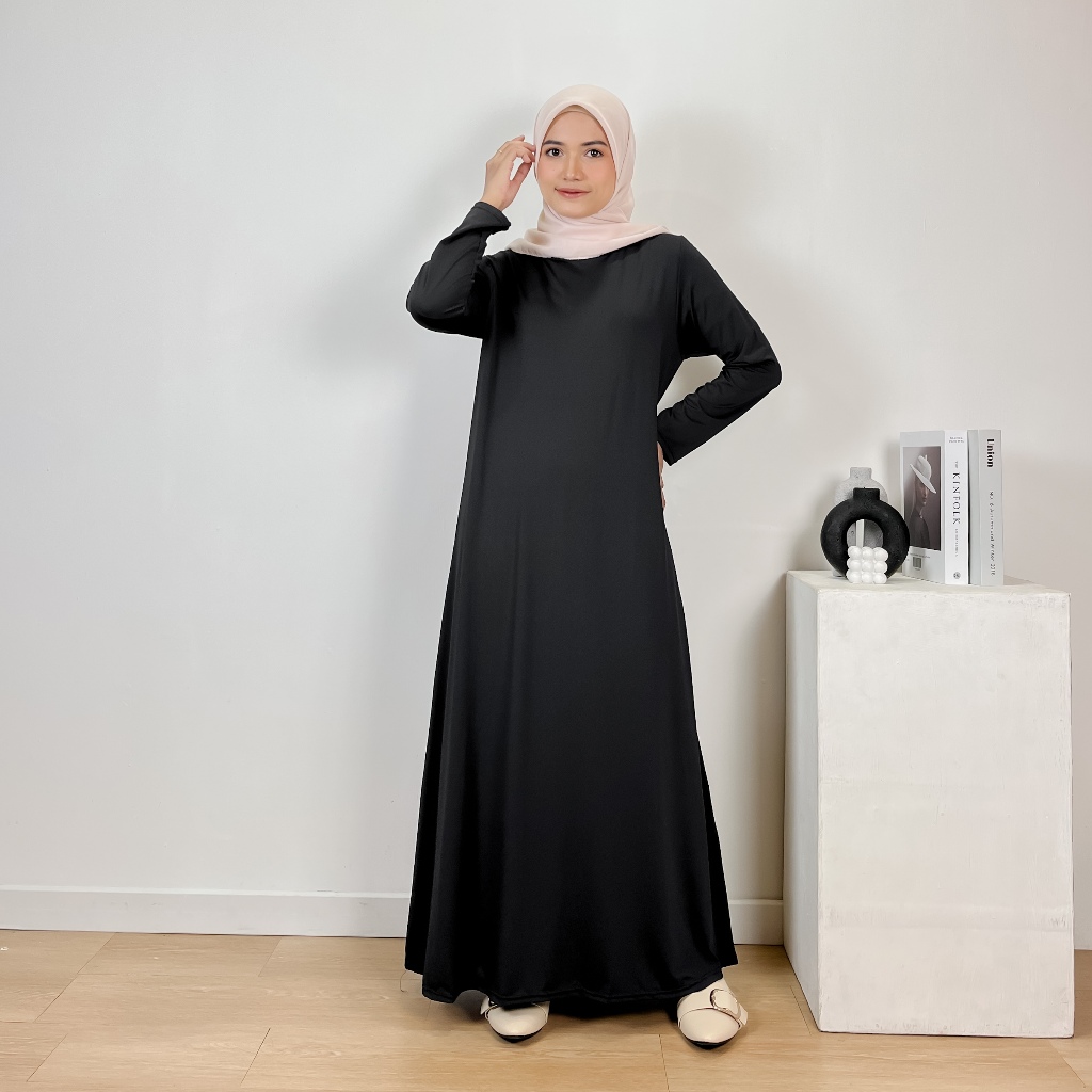 Gamis Polos Manset Jumbo LUNA Baju Muslimah Warna Hitam Allsize