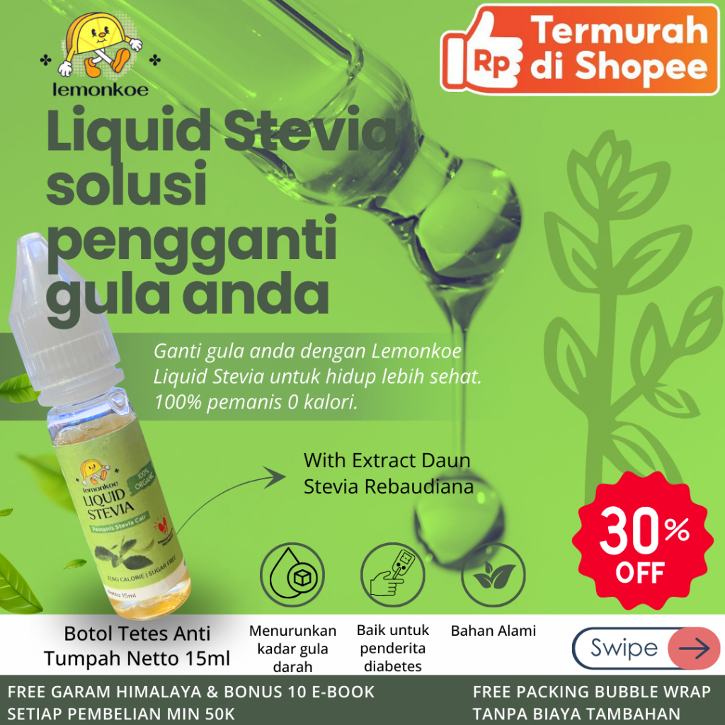 

Lemonkoe Stevia Cair 15ml Botol Tetes Pemanis Alami 0 kalori untuk gula diet diabetes BISA COD