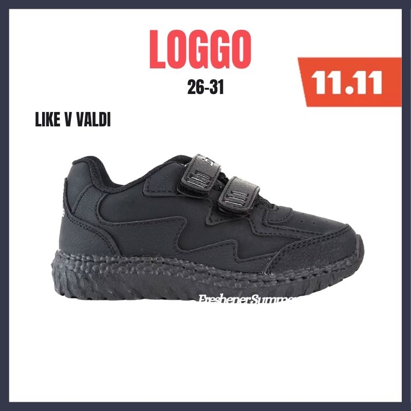 Sepatu Sekolah Anak Laki Laki Cowok Cewek Perempuan PAUD TK SD Loggo Like Velcro Perekat Full Hitam 