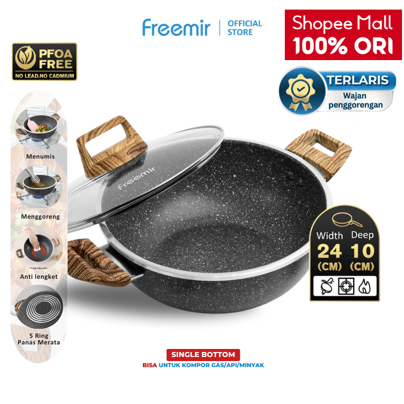 freemir Wajan Panci Granite Black Series 24cm Anti Lengket Serbaguna Kedalaman 10cm