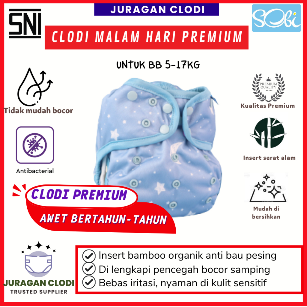 [PREMIUM] CLODI SOBI OVERNIGHT TAHAN SEMALAMAN  BAMBOO CHARCOAL MODEL COVERIA SNI  popok kain bayi